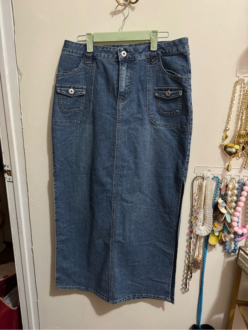 Vintage Denim Skirt with Front Pocket Details - Blue